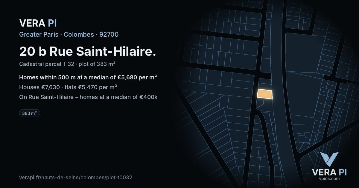 20 b Rue Saint-Hilaire, Colombes at night – the plot lit, the parcels around coloured by the prices near them