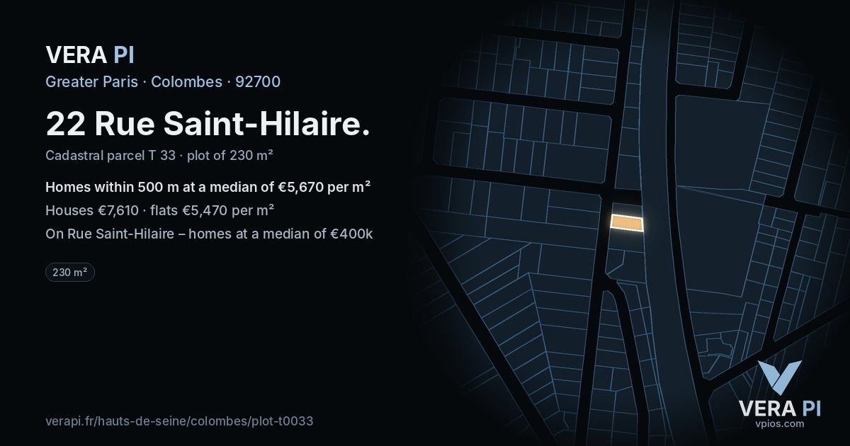22 Rue Saint-Hilaire, Colombes at night – the plot lit, the parcels around coloured by the prices near them