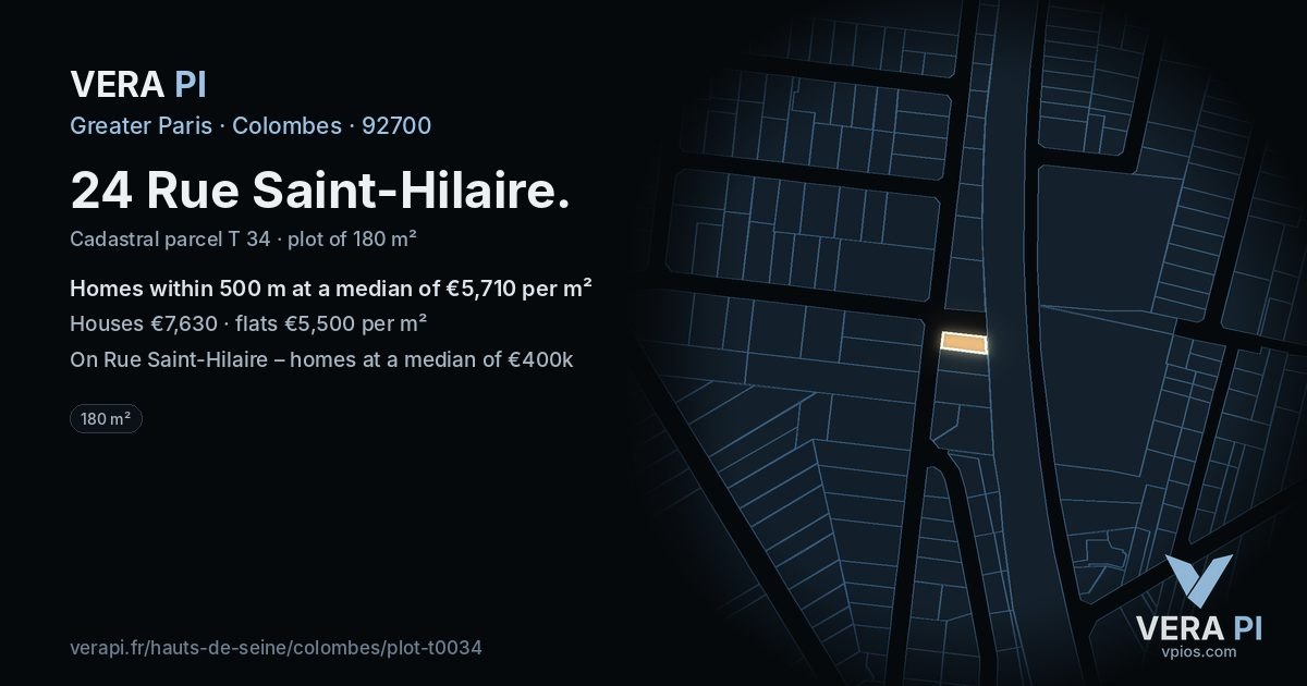 24 Rue Saint-Hilaire, Colombes at night – the plot lit, the parcels around coloured by the prices near them