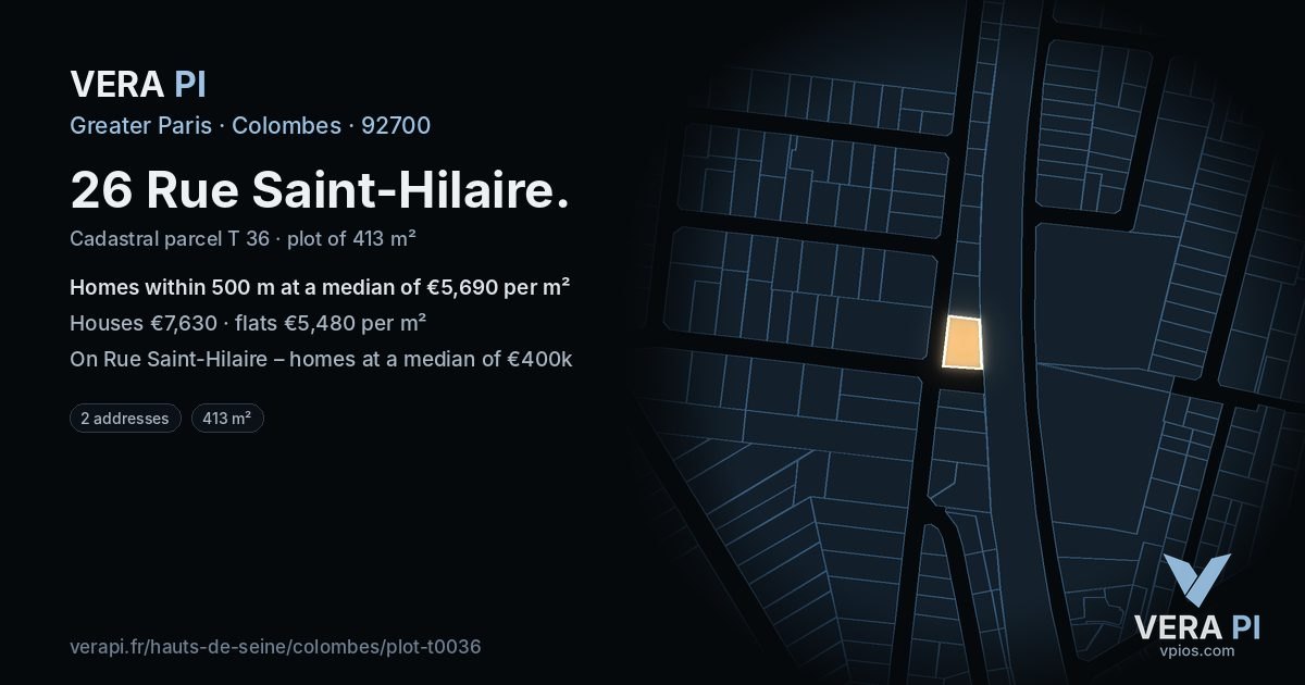 26 Rue Saint-Hilaire, Colombes at night – the plot lit, the parcels around coloured by the prices near them