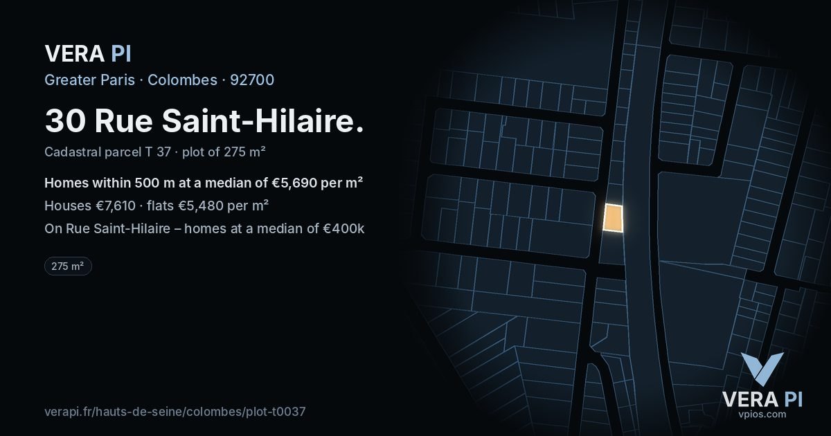 30 Rue Saint-Hilaire, Colombes at night – the plot lit, the parcels around coloured by the prices near them