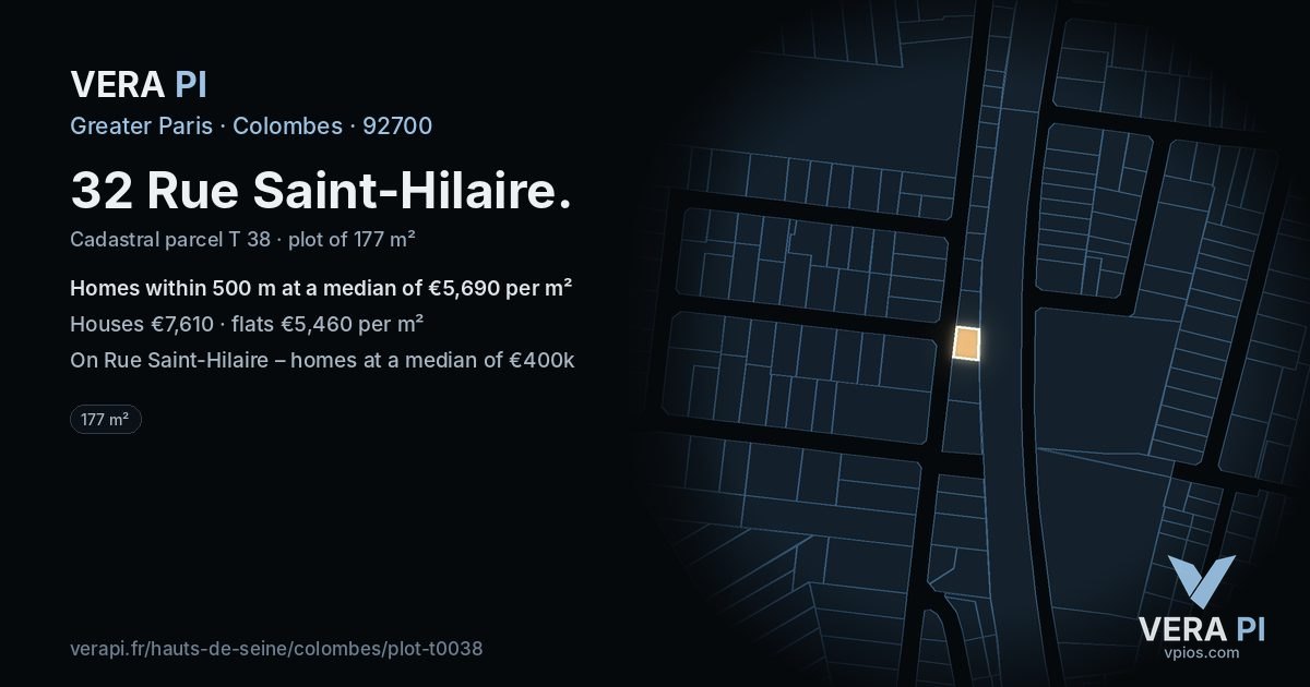 32 Rue Saint-Hilaire, Colombes at night – the plot lit, the parcels around coloured by the prices near them