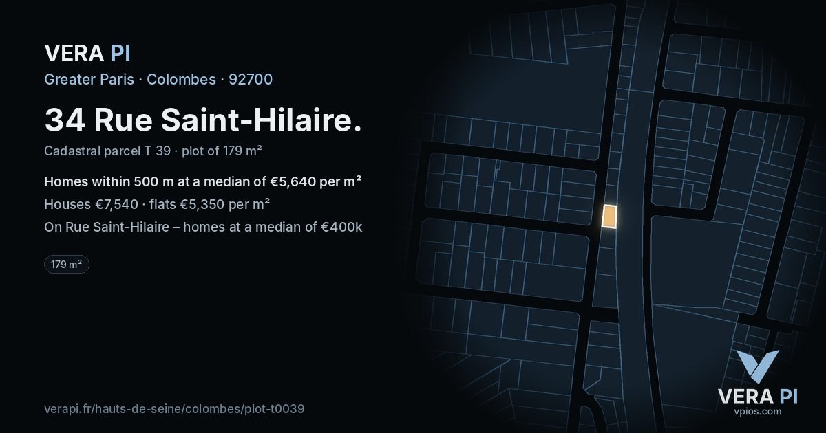 34 Rue Saint-Hilaire, Colombes at night – the plot lit, the parcels around coloured by the prices near them