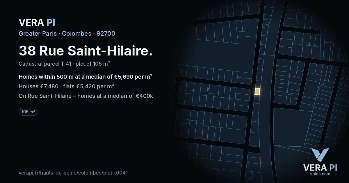 38 Rue Saint-Hilaire, Colombes at night – the plot lit, the parcels around coloured by the prices near them