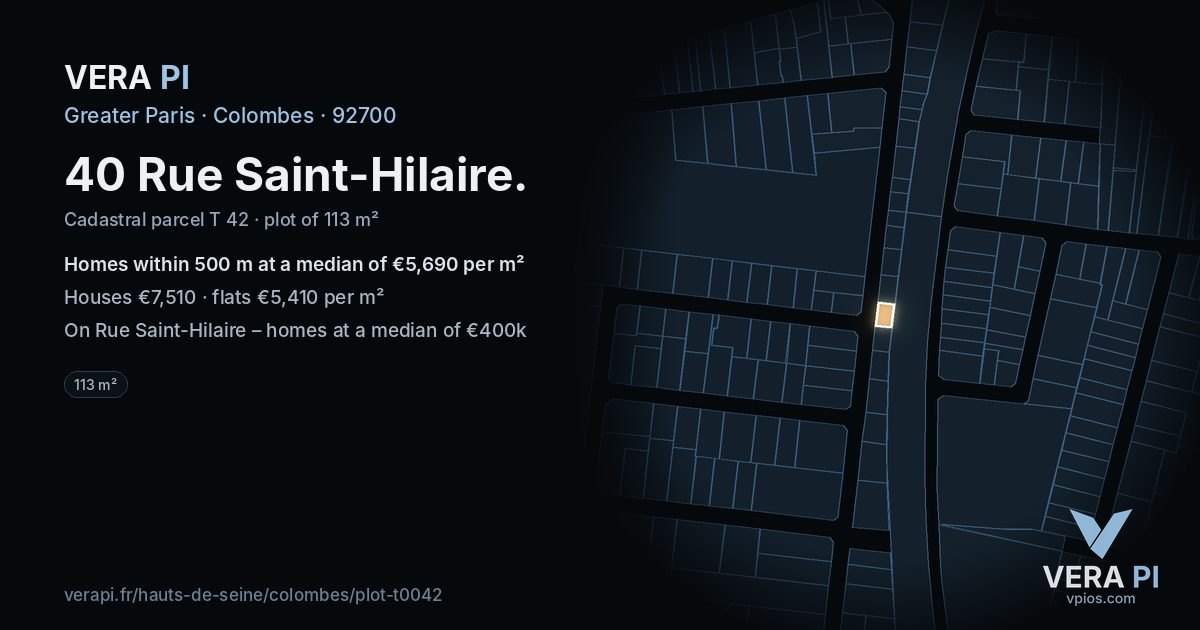 40 Rue Saint-Hilaire, Colombes at night – the plot lit, the parcels around coloured by the prices near them
