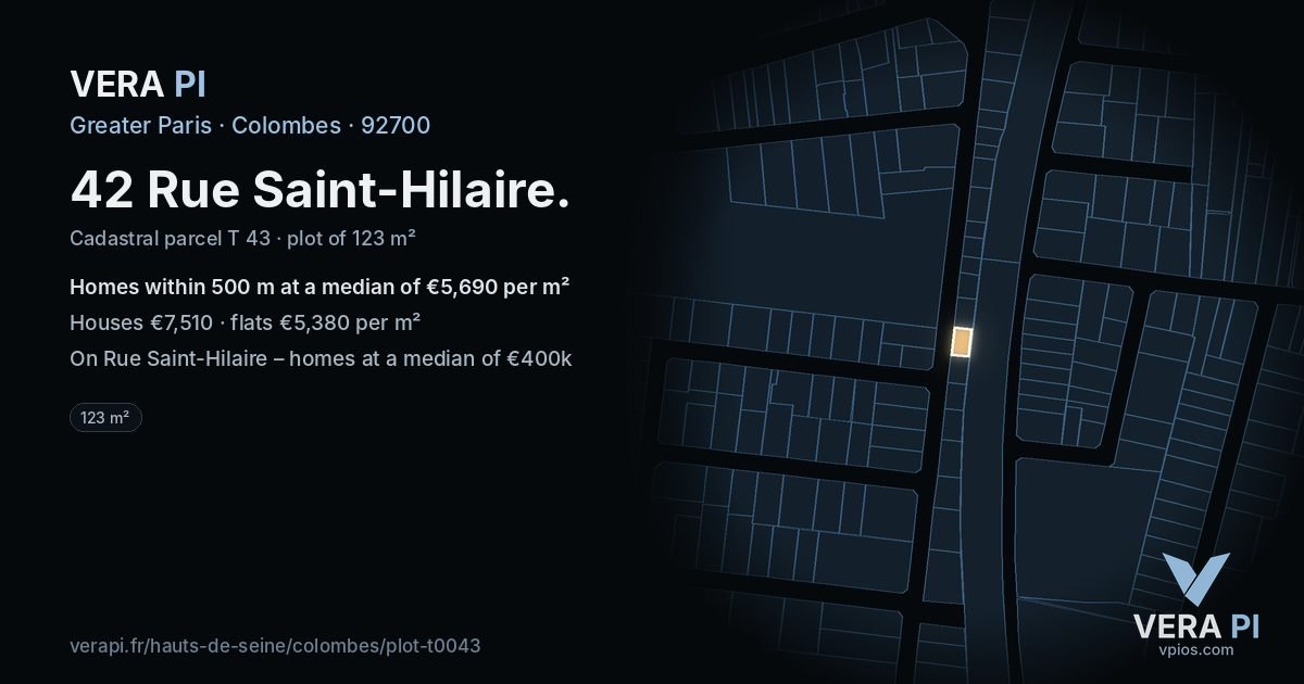 42 Rue Saint-Hilaire, Colombes at night – the plot lit, the parcels around coloured by the prices near them