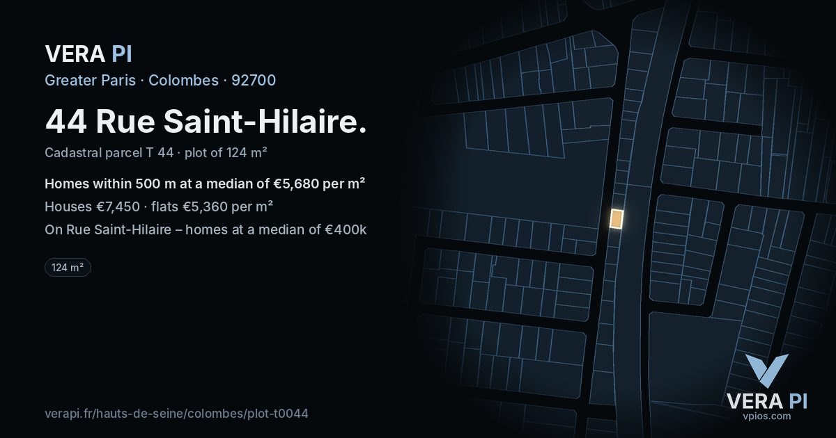 44 Rue Saint-Hilaire, Colombes at night – the plot lit, the parcels around coloured by the prices near them