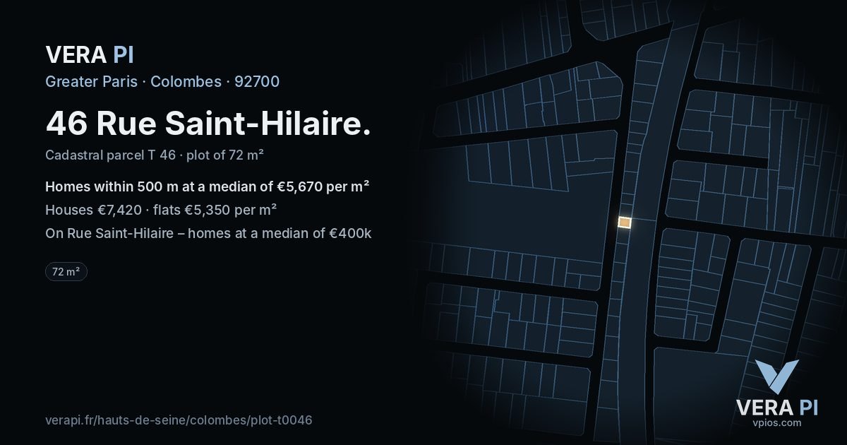46 Rue Saint-Hilaire, Colombes at night – the plot lit, the parcels around coloured by the prices near them