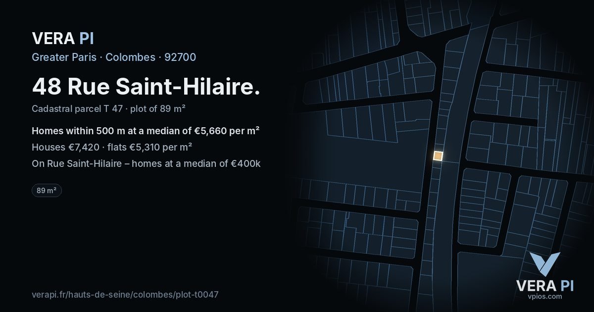48 Rue Saint-Hilaire, Colombes at night – the plot lit, the parcels around coloured by the prices near them