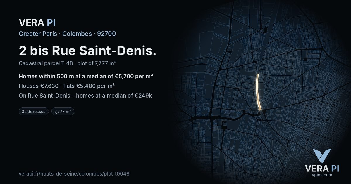 2 bis Rue Saint-Denis, Colombes at night – the plot lit, the parcels around coloured by the prices near them