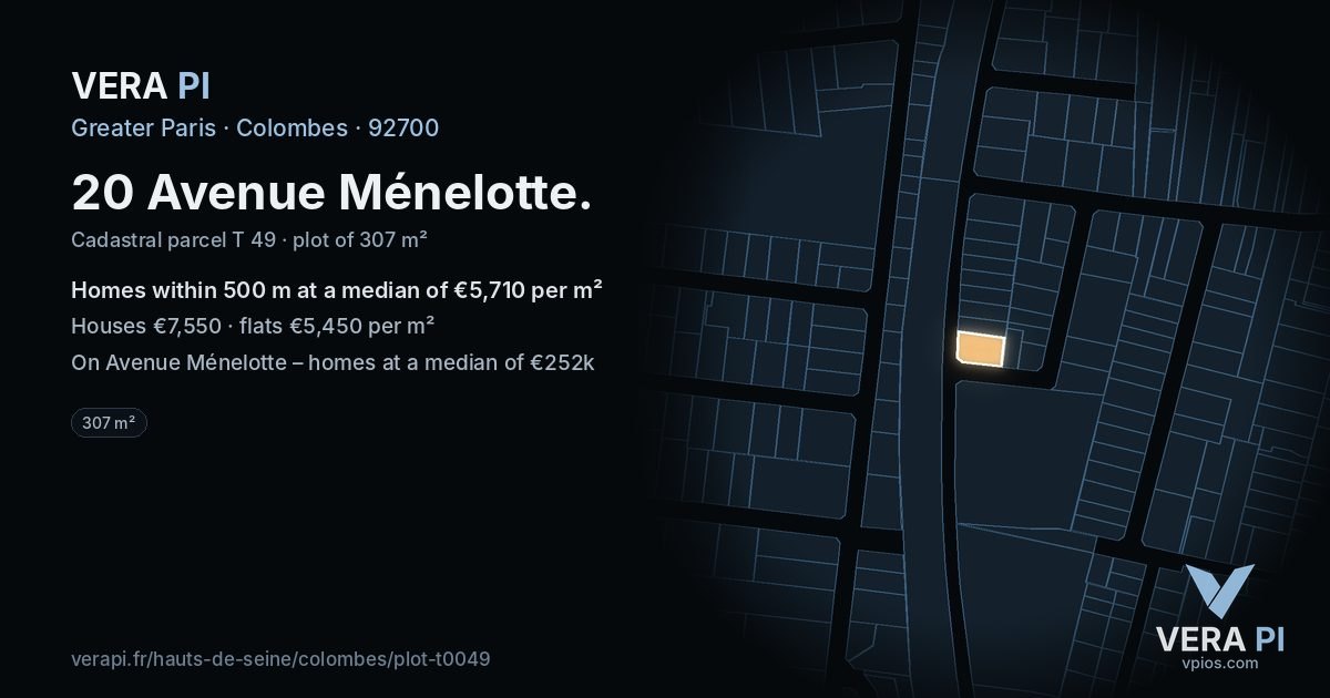 20 Avenue Ménelotte, Colombes at night – the plot lit, the parcels around coloured by the prices near them