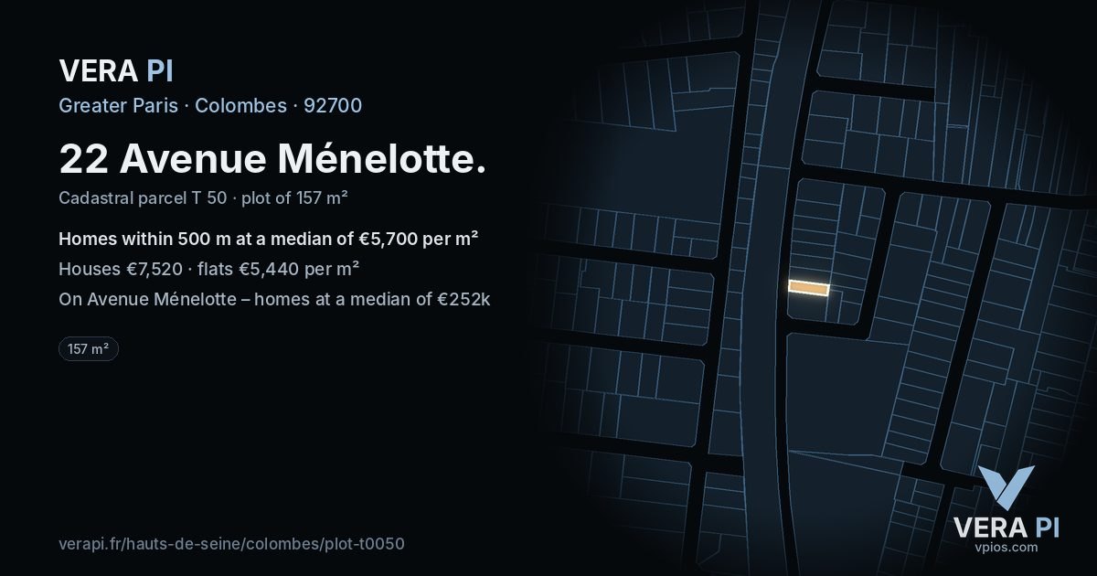 22 Avenue Ménelotte, Colombes at night – the plot lit, the parcels around coloured by the prices near them