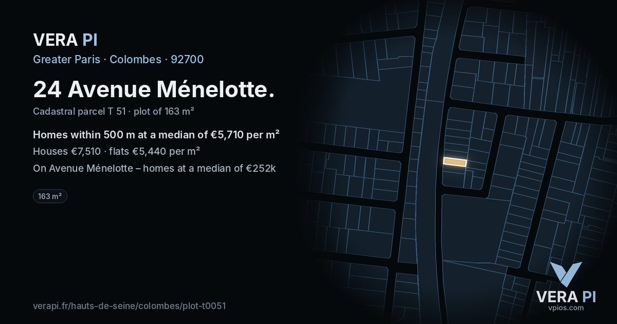 24 Avenue Ménelotte, Colombes at night – the plot lit, the parcels around coloured by the prices near them