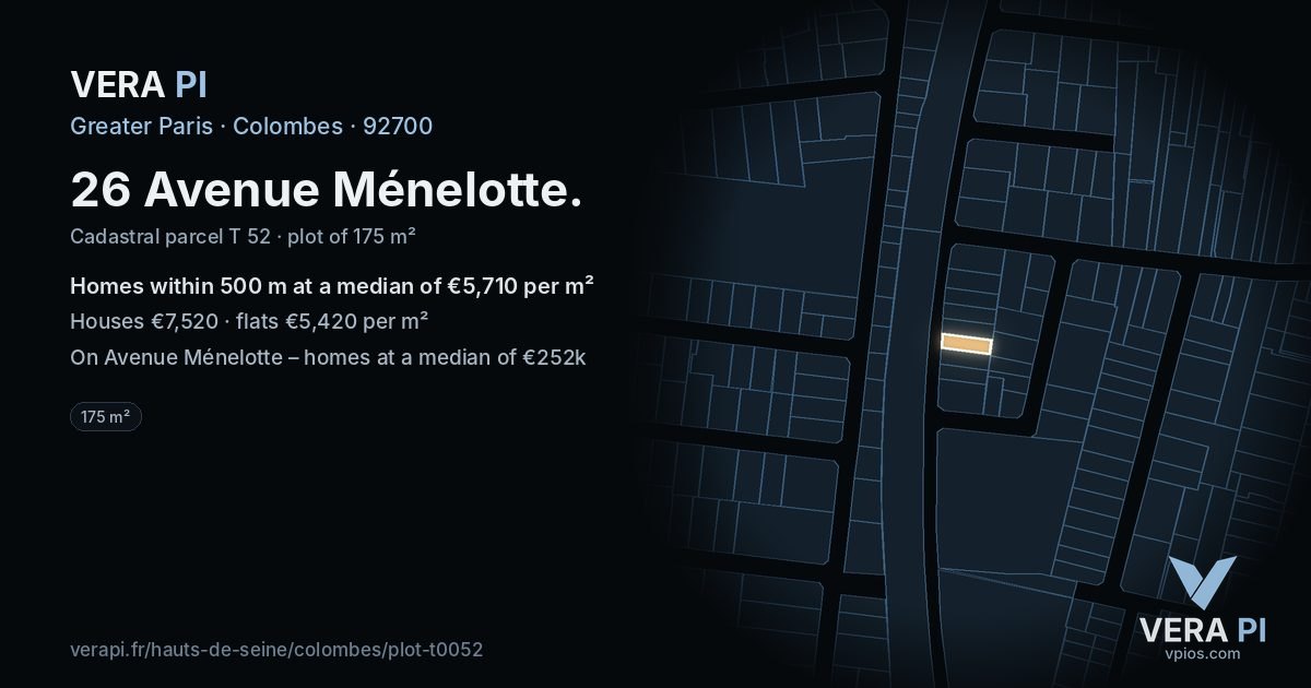 26 Avenue Ménelotte, Colombes at night – the plot lit, the parcels around coloured by the prices near them