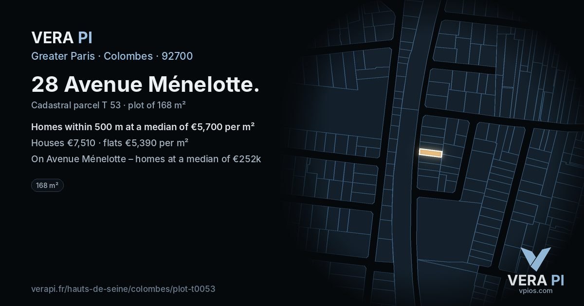 28 Avenue Ménelotte, Colombes at night – the plot lit, the parcels around coloured by the prices near them