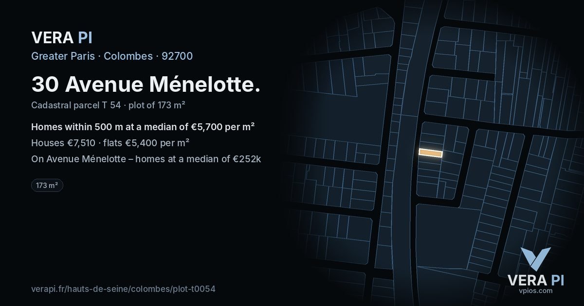 30 Avenue Ménelotte, Colombes at night – the plot lit, the parcels around coloured by the prices near them