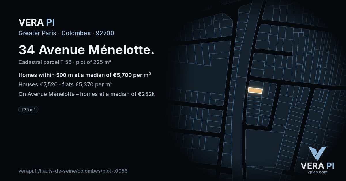 34 Avenue Ménelotte, Colombes at night – the plot lit, the parcels around coloured by the prices near them