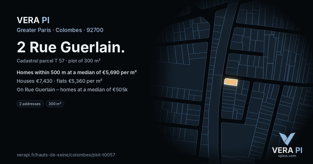 2 Rue Guerlain, Colombes at night – the plot lit, the parcels around coloured by the prices near them
