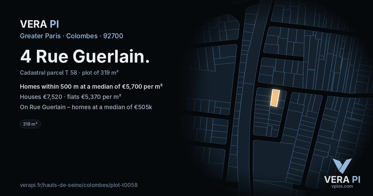 4 Rue Guerlain, Colombes at night – the plot lit, the parcels around coloured by the prices near them