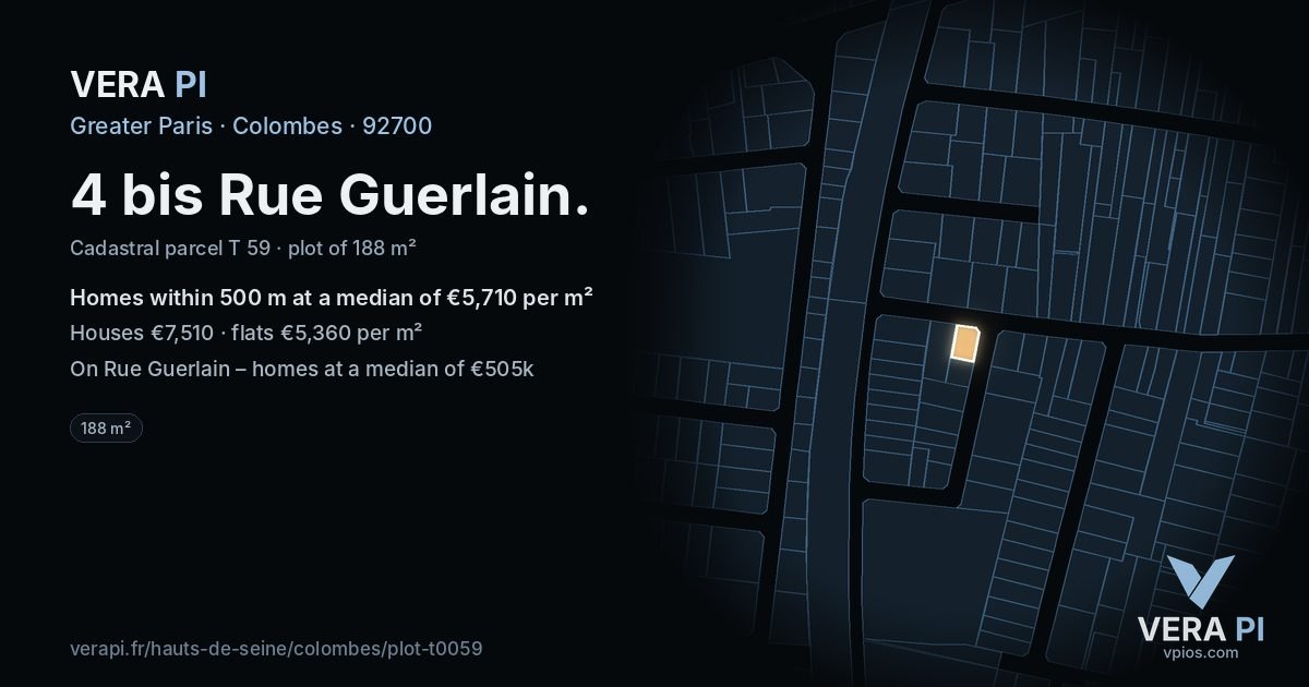 4 bis Rue Guerlain, Colombes at night – the plot lit, the parcels around coloured by the prices near them
