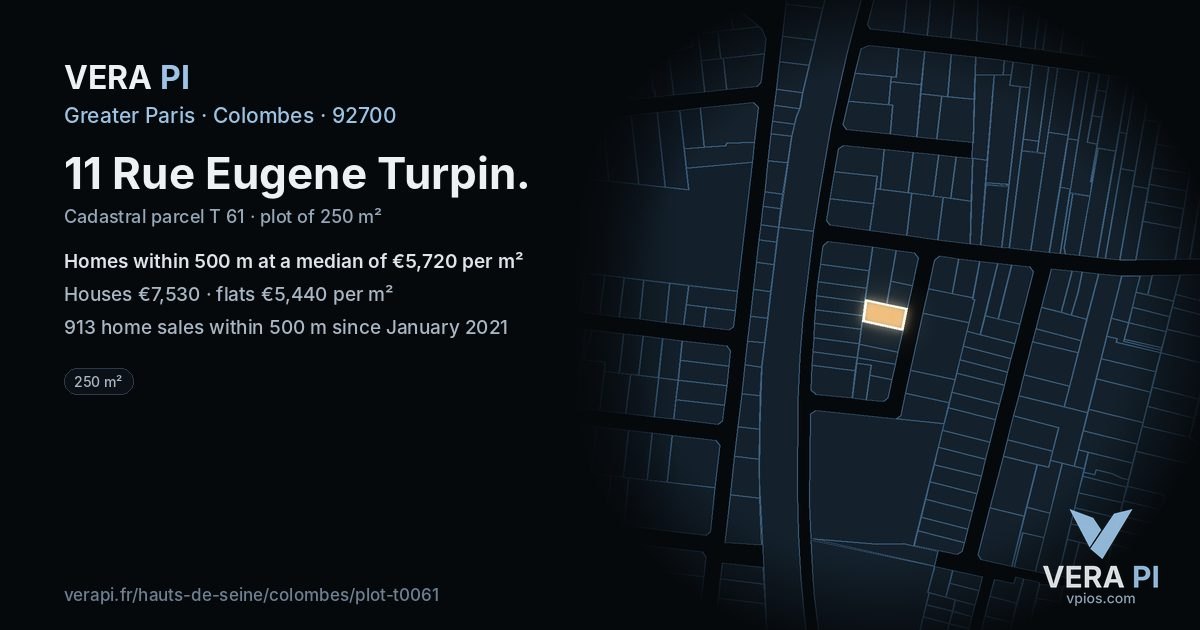 11 Rue Eugene Turpin, Colombes at night – the plot lit, the parcels around coloured by the prices near them