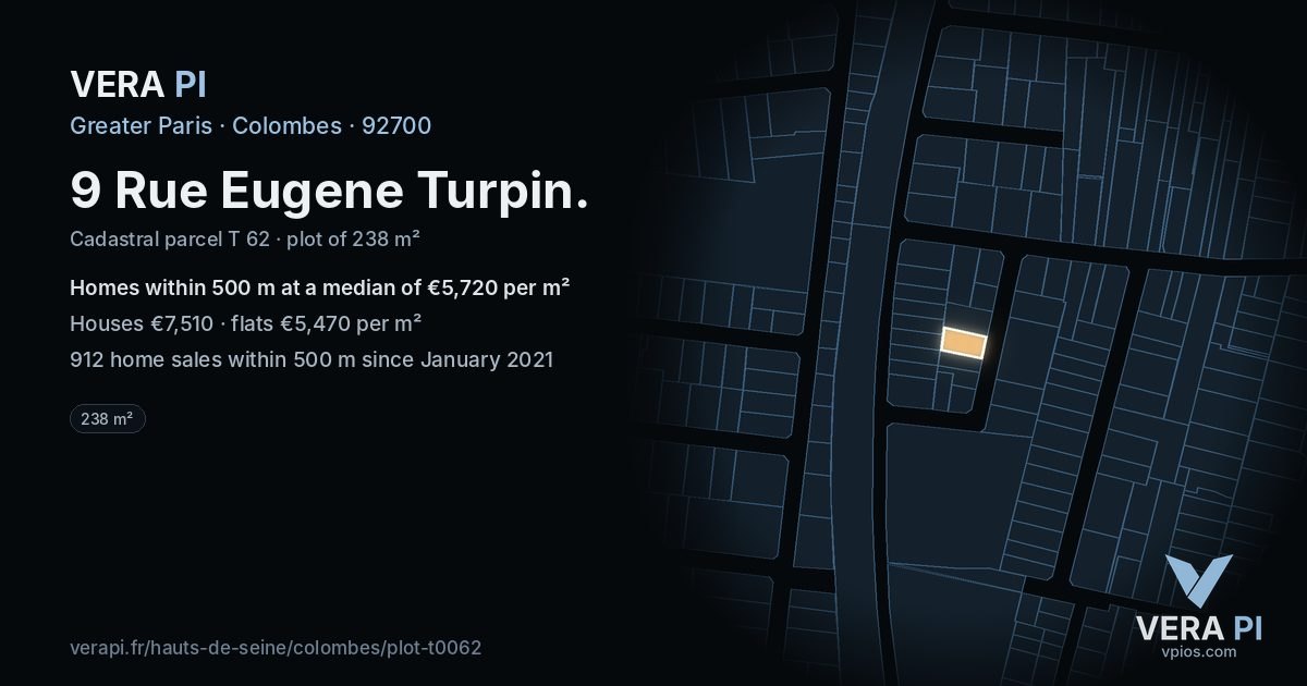 9 Rue Eugene Turpin, Colombes at night – the plot lit, the parcels around coloured by the prices near them