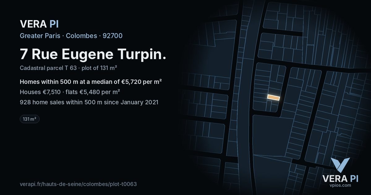 7 Rue Eugene Turpin, Colombes at night – the plot lit, the parcels around coloured by the prices near them