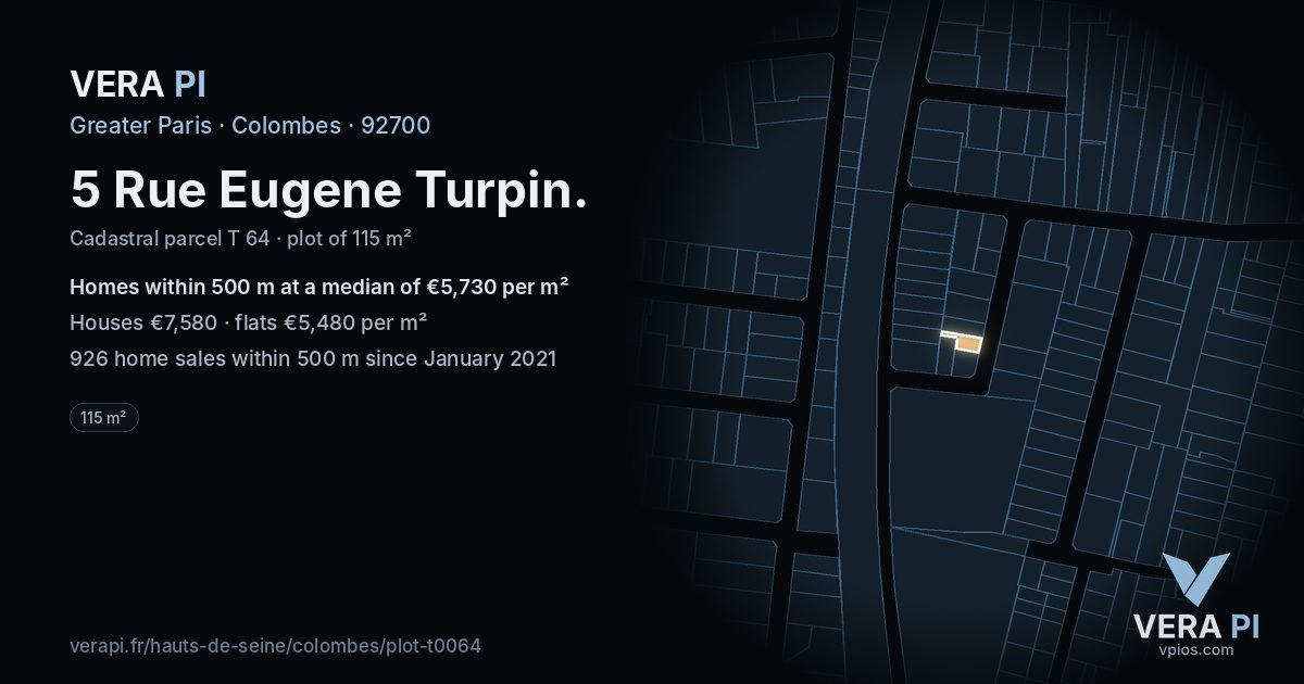 5 Rue Eugene Turpin, Colombes at night – the plot lit, the parcels around coloured by the prices near them
