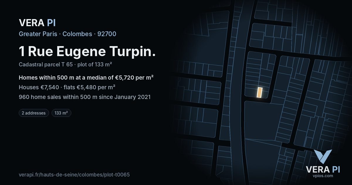 1 Rue Eugene Turpin, Colombes at night – the plot lit, the parcels around coloured by the prices near them