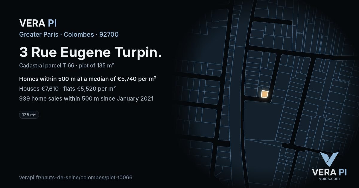 3 Rue Eugene Turpin, Colombes at night – the plot lit, the parcels around coloured by the prices near them