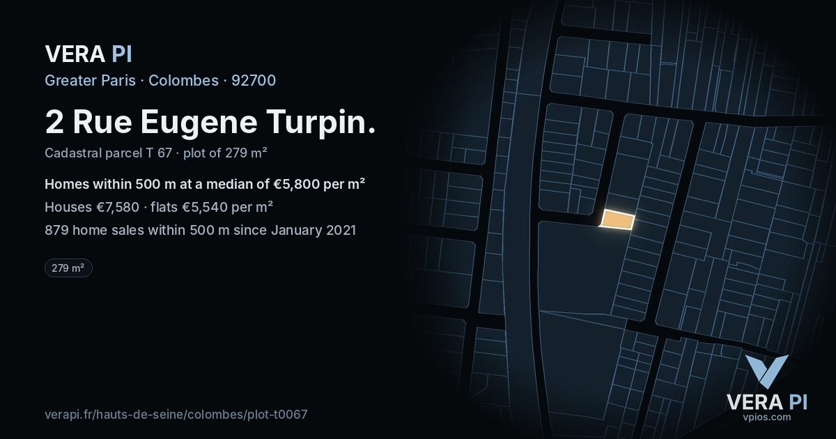 2 Rue Eugene Turpin, Colombes at night – the plot lit, the parcels around coloured by the prices near them