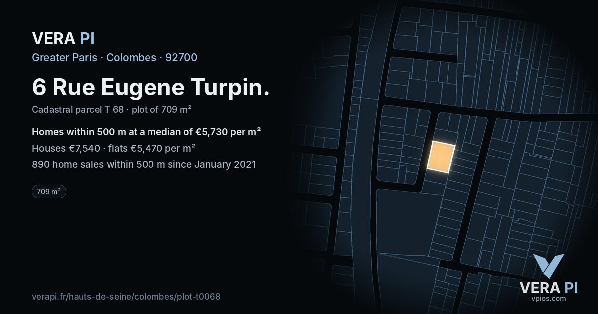 6 Rue Eugene Turpin, Colombes at night – the plot lit, the parcels around coloured by the prices near them