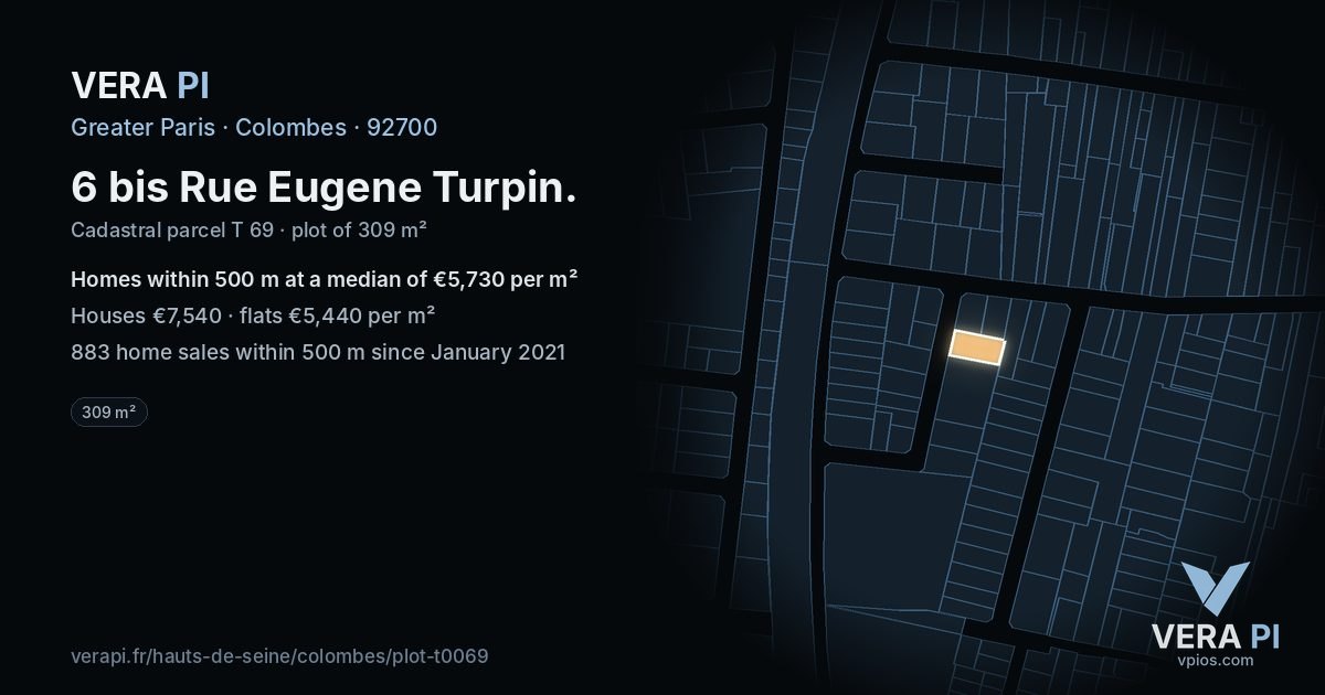 6 bis Rue Eugene Turpin, Colombes at night – the plot lit, the parcels around coloured by the prices near them