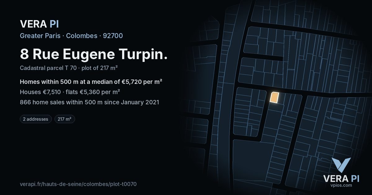 8 Rue Eugene Turpin, Colombes at night – the plot lit, the parcels around coloured by the prices near them