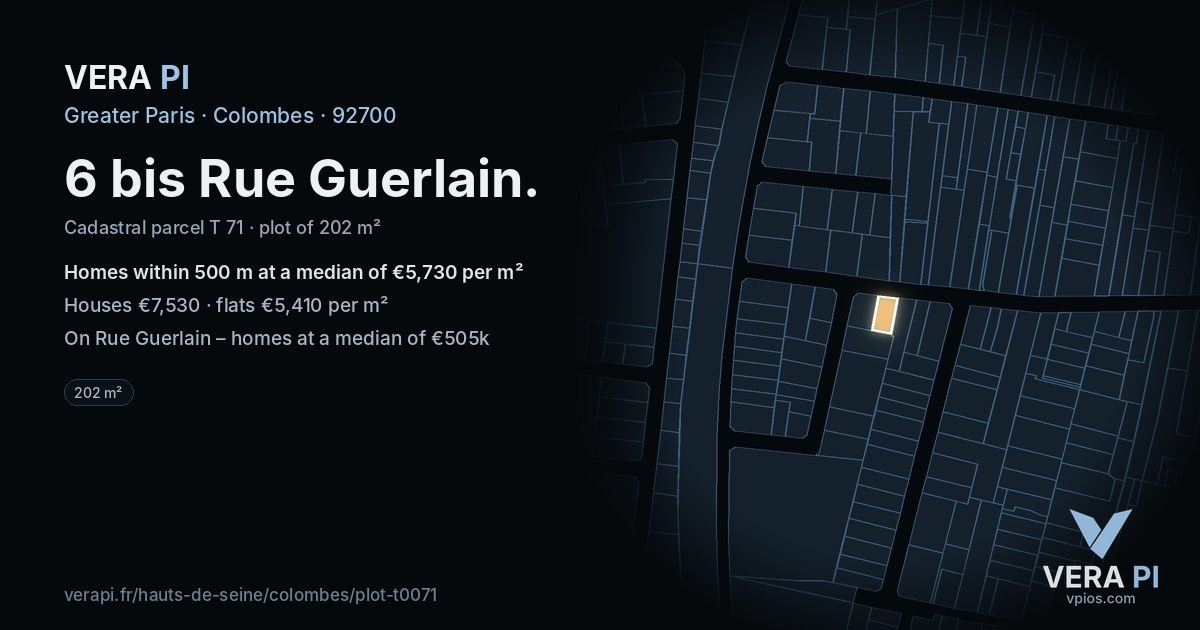 6 bis Rue Guerlain, Colombes at night – the plot lit, the parcels around coloured by the prices near them