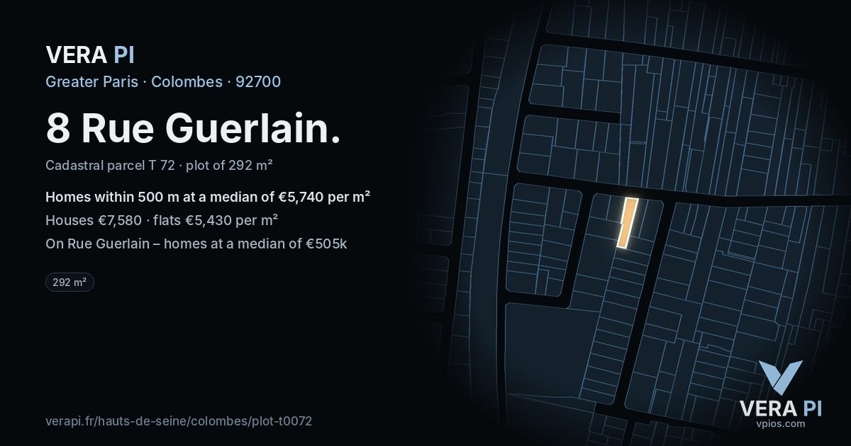 8 Rue Guerlain, Colombes at night – the plot lit, the parcels around coloured by the prices near them