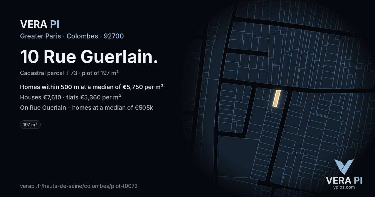 10 Rue Guerlain, Colombes at night – the plot lit, the parcels around coloured by the prices near them