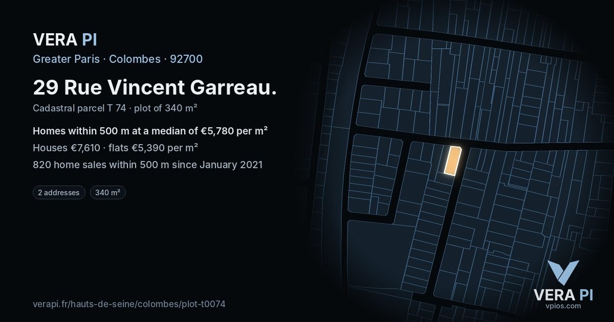29 Rue Vincent Garreau, Colombes at night – the plot lit, the parcels around coloured by the prices near them