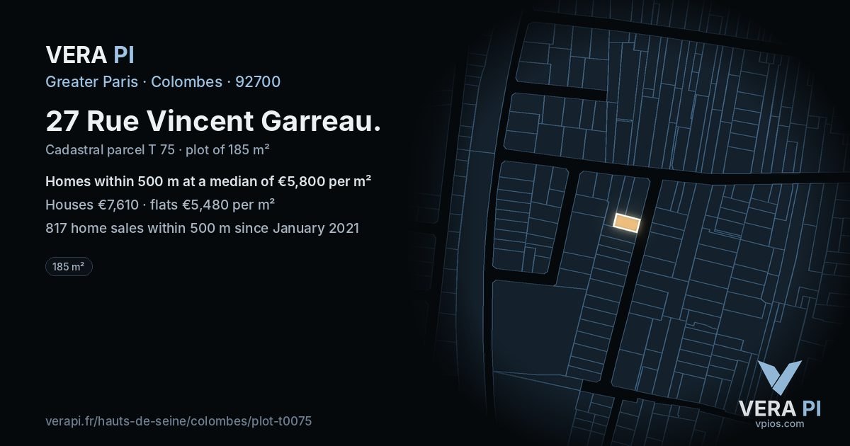27 Rue Vincent Garreau, Colombes at night – the plot lit, the parcels around coloured by the prices near them