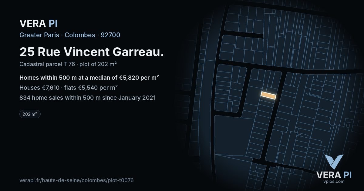 25 Rue Vincent Garreau, Colombes at night – the plot lit, the parcels around coloured by the prices near them