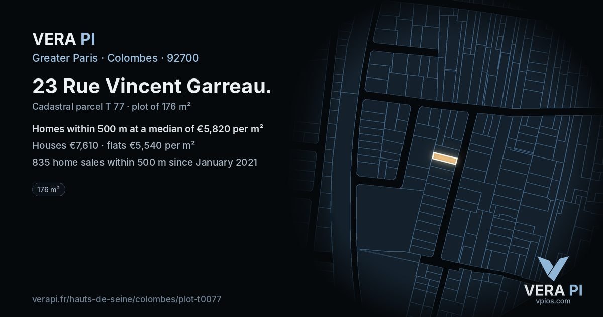 23 Rue Vincent Garreau, Colombes at night – the plot lit, the parcels around coloured by the prices near them