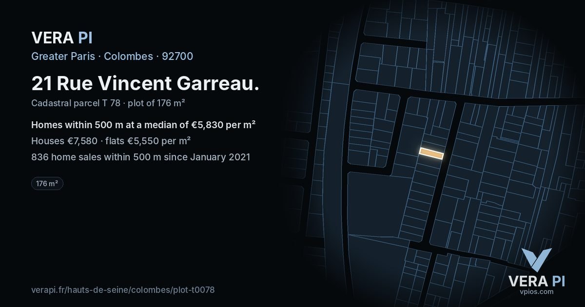 21 Rue Vincent Garreau, Colombes at night – the plot lit, the parcels around coloured by the prices near them