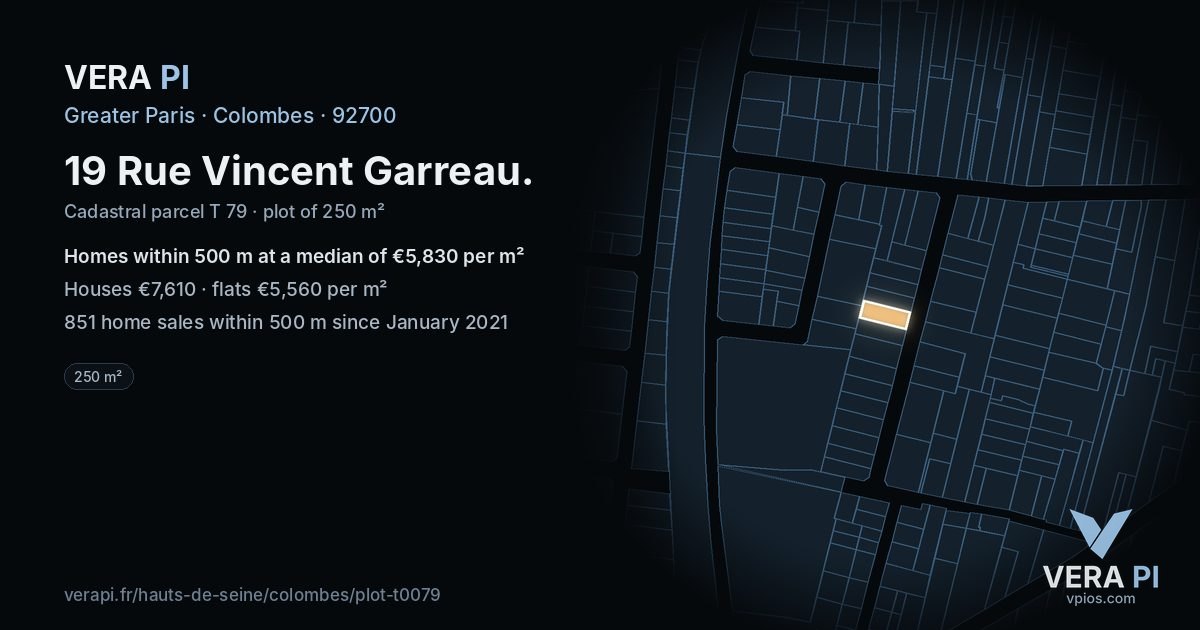 19 Rue Vincent Garreau, Colombes at night – the plot lit, the parcels around coloured by the prices near them