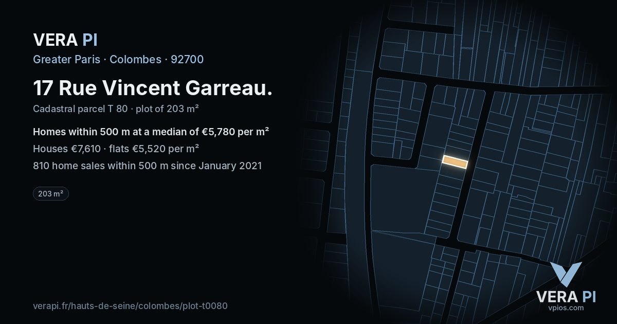 17 Rue Vincent Garreau, Colombes at night – the plot lit, the parcels around coloured by the prices near them