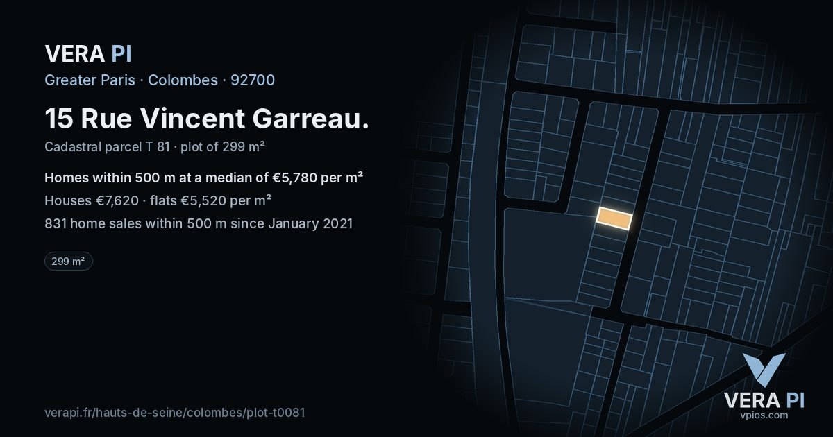 15 Rue Vincent Garreau, Colombes at night – the plot lit, the parcels around coloured by the prices near them