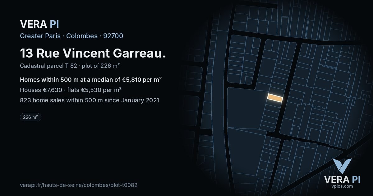 13 Rue Vincent Garreau, Colombes at night – the plot lit, the parcels around coloured by the prices near them