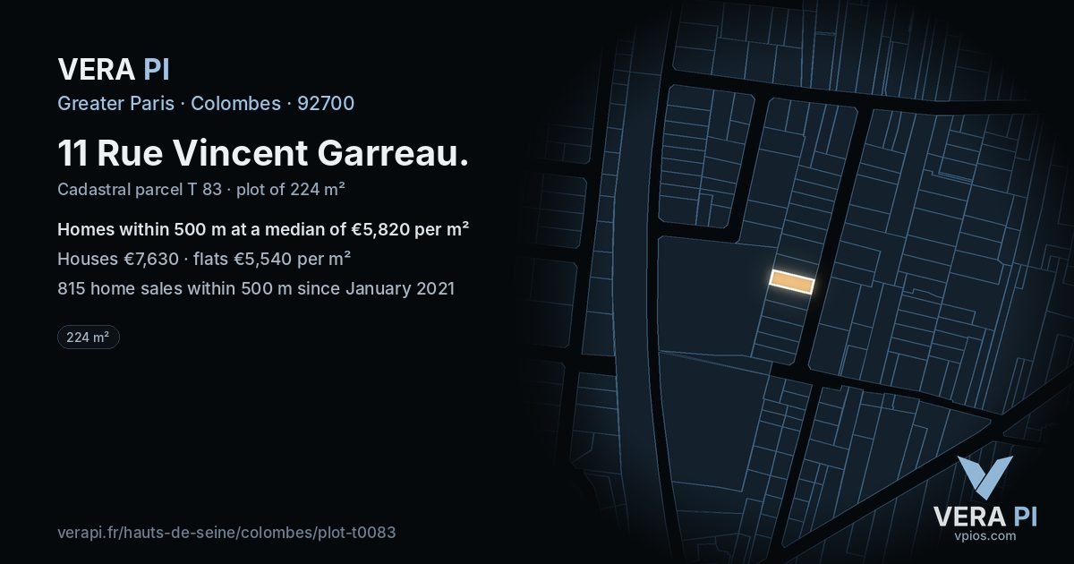 11 Rue Vincent Garreau, Colombes at night – the plot lit, the parcels around coloured by the prices near them