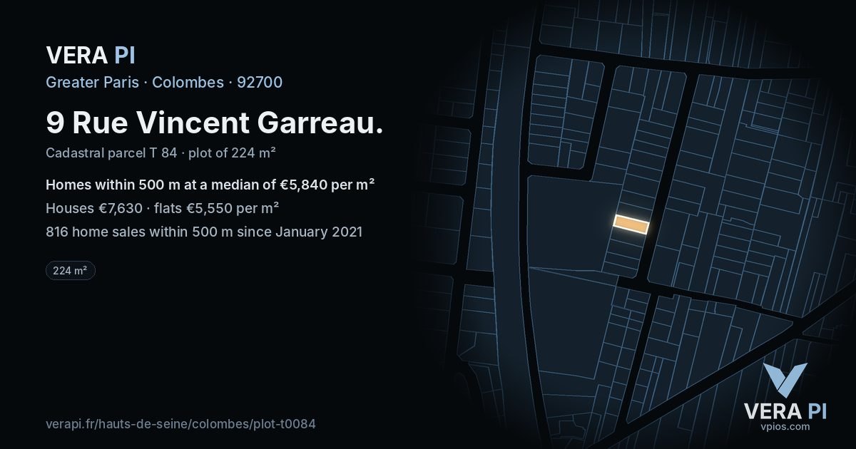 9 Rue Vincent Garreau, Colombes at night – the plot lit, the parcels around coloured by the prices near them