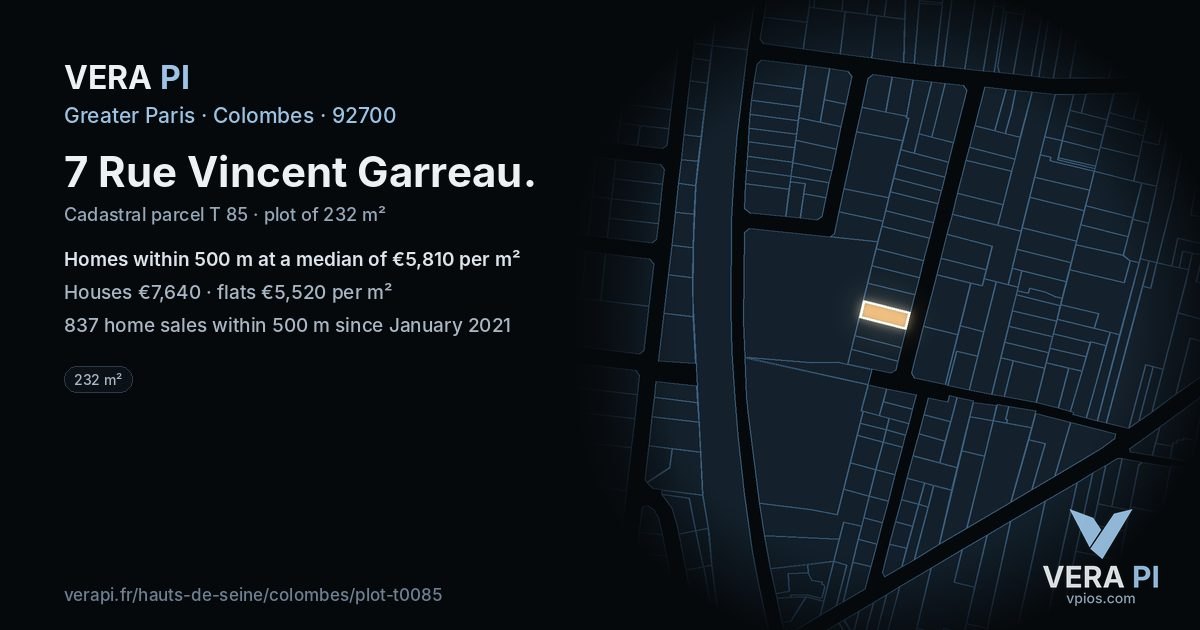 7 Rue Vincent Garreau, Colombes at night – the plot lit, the parcels around coloured by the prices near them