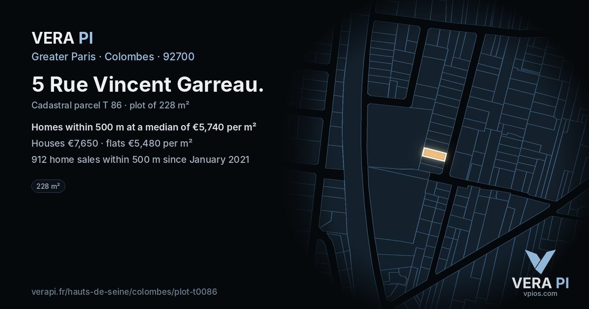 5 Rue Vincent Garreau, Colombes at night – the plot lit, the parcels around coloured by the prices near them